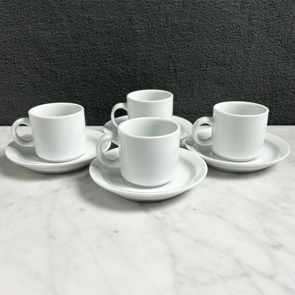 Pier 1 White Porcelain Demitasse Cups Saucers Set of 4 Espresso Coffee
